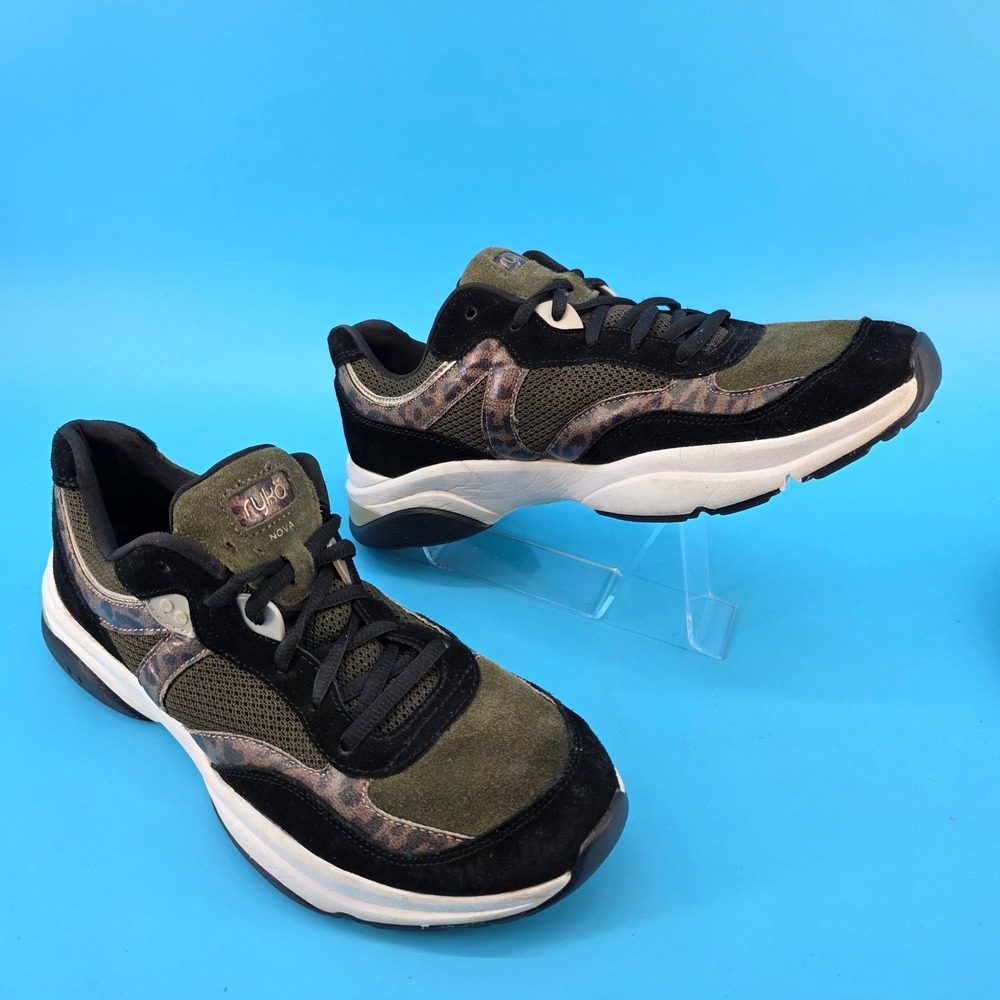 Ryka Nova Womens Walking Shoes Olive Green Black Leopard Print Sneakers Size 10M